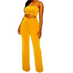 (NWT) Naked Wardrobe Cut You Out Mustard Yellow Jumpsuit (Size: L)
